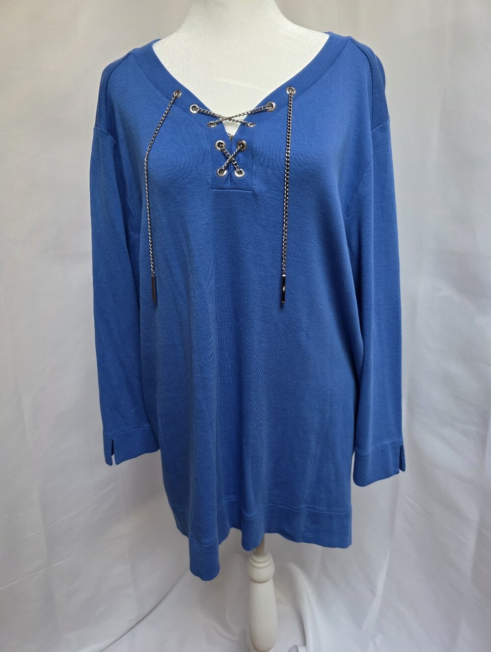 Rafaella Blue Chain Lace-Up Neck Long Sleeve Knit Top Women's XL Est.